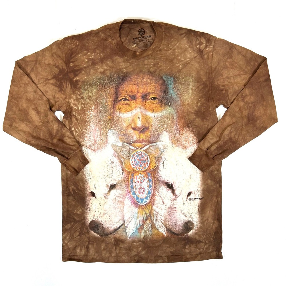 The Mountain Brown Tie Dye Wolf Native American Long Sleeve Graphic T-Shirt M